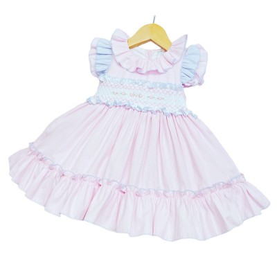 Baby Girl Pink with Blue Detail Smocked Puff Ball Dress "2252 P"
