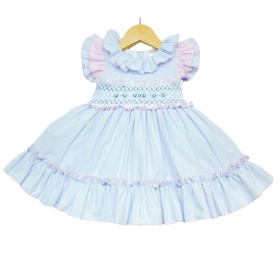 Baby Girl Blue with Pink Smocked Puff Ball Dress "2252 B"