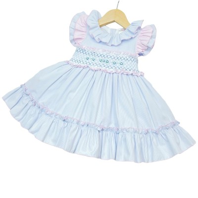 Baby Girl Blue with Pink Smocked Puff Ball Dress "2252 B"