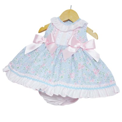 Baby Girl Pink Floral Puff Dress with Pants Satin Bows "MYD2218P"