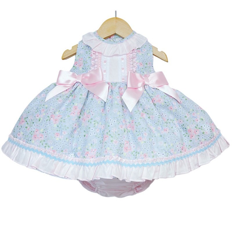 Baby Girl Pink Floral Puff Dress with Pants Satin Bows "MYD2218P"