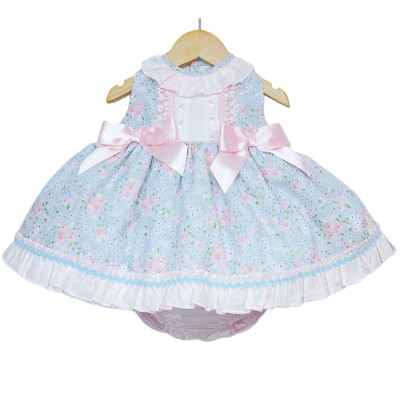 Baby Girl Pink Floral Puff Dress with Pants Satin Bows "MYD2218P"