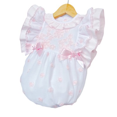 Baby Girl White with Pink Rose Frilly Romper "MYD2246"