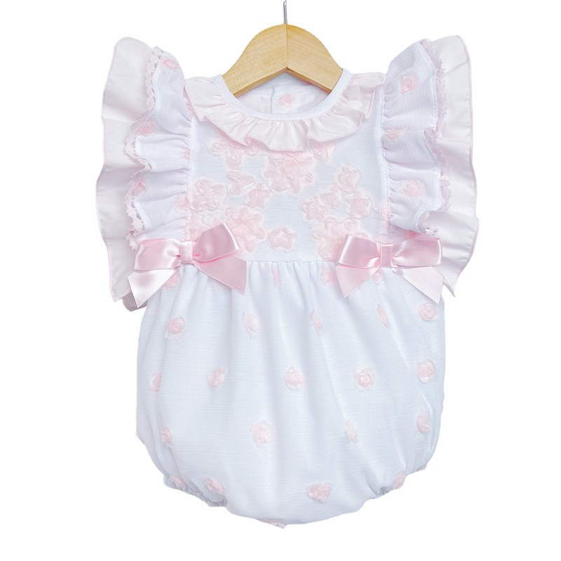 Baby Girl White with Pink Rose Frilly Romper "MYD2246"