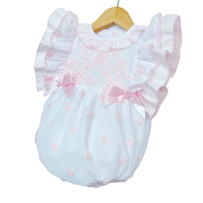 Baby Girl White with Pink Rose Frilly Romper "MYD2246"