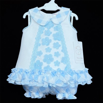 Baby Girl White Waffle Dress with Knickers Blue Flower Details "2155"