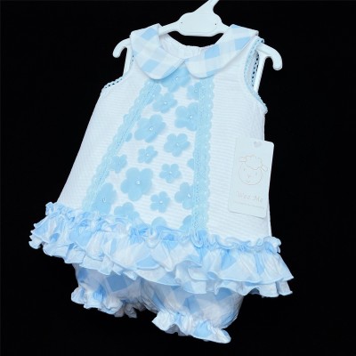 Baby Girl White Waffle Dress with Knickers Blue Flower Details "2155"