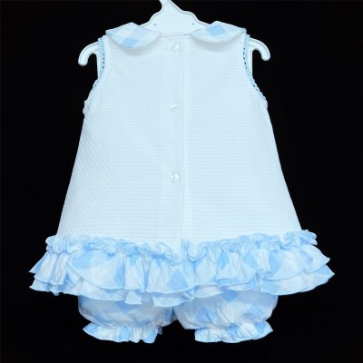 Baby Girl White Waffle Dress with Knickers Blue Flower Details "2155"