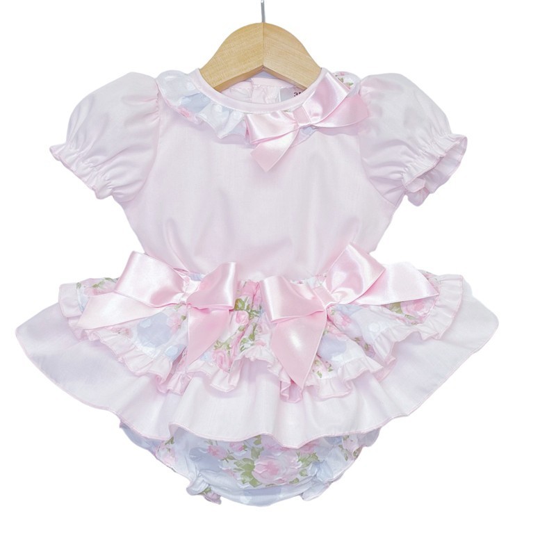 Baby Girl Pink Rose Print Frilly Bottom Skirt with Shirt "MYD2239"