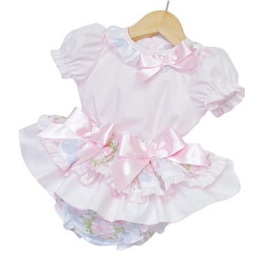 Baby Girl Pink Rose Print Frilly Bottom Skirt with Shirt "MYD2239"