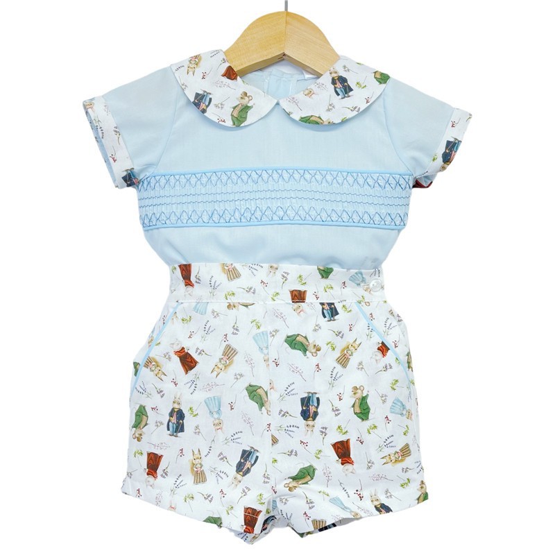 Baby Boy Blue Animal Print Shorts with Smocked Shirt "MYD2231B"