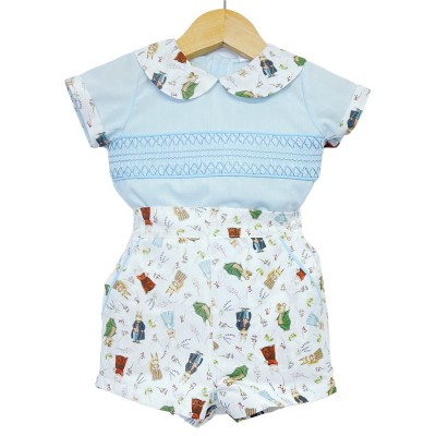 Baby Boy Blue Animal Print Shorts with Smocked Shirt "MYD2231B"