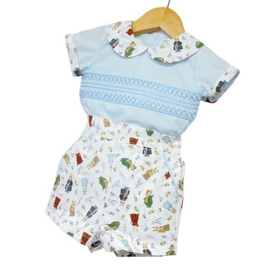 Baby Boy Blue Animal Print Shorts with Smocked Shirt "MYD2231B"