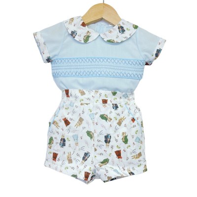 Baby Boy Blue Animal Print Shorts with Smocked Shirt "MYD2231B"