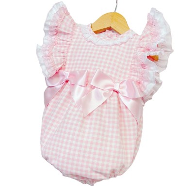 Baby Girl Pink Checked Frilly Shoulder Romper "MYD2244"