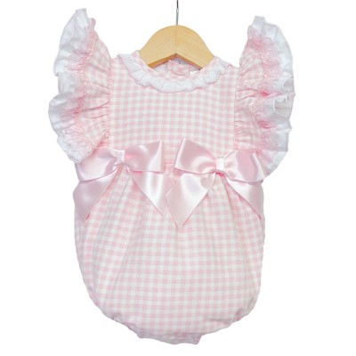 Baby Girl Pink Checked Frilly Shoulder Romper "MYD2244"