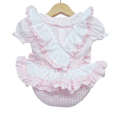 Baby Girl Pink Checked Frilly Shoulder Romper with Shirt "MYD2245"