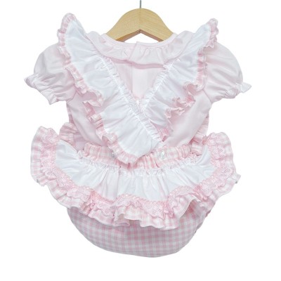 Baby Girl Pink Checked Frilly Shoulder Romper with Shirt "MYD2245"