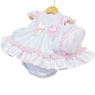 Baby Girl White Pink Puff Ball Dress with Pants/Bonnet "MYD2252"