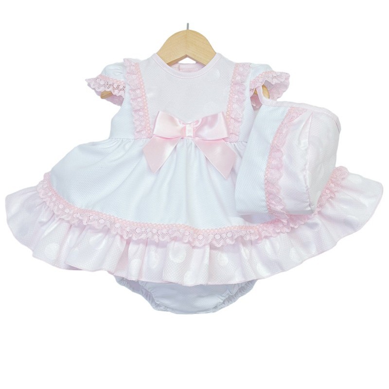 Baby Girl White Pink Puff Ball Dress with Pants/Bonnet "MYD2252"