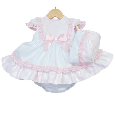 Baby Girl White Pink Puff Ball Dress with Pants/Bonnet "MYD2252"