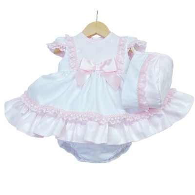 Baby Girl White Pink Puff Ball Dress with Pants/Bonnet "MYD2252"