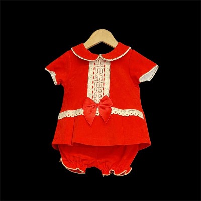 Baby Girl A Line Velvet & Lace Dress "2163 Red Cream"