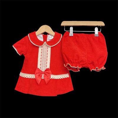 Baby Girl A Line Velvet & Lace Dress "2163 Red Cream"