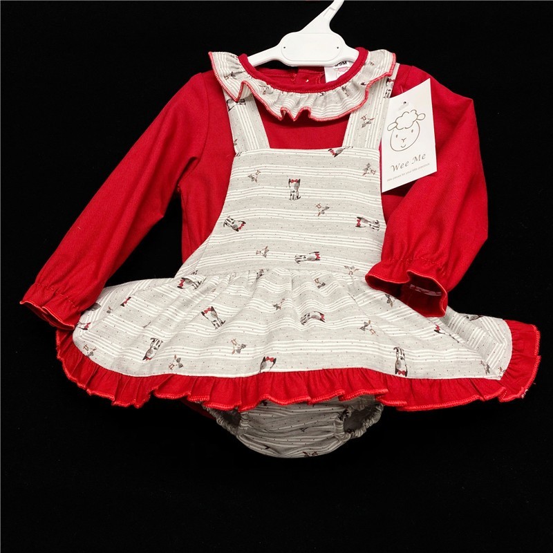 Baby Girls Doggy Print Pinafore Set "MYD231 Grey / Red"