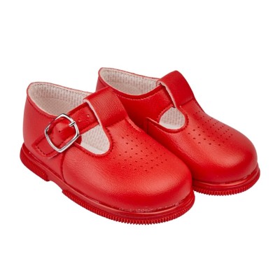 Baby Girls Patent T-Bar & Punch Detail Hard Sole Shoes "H501 Red"