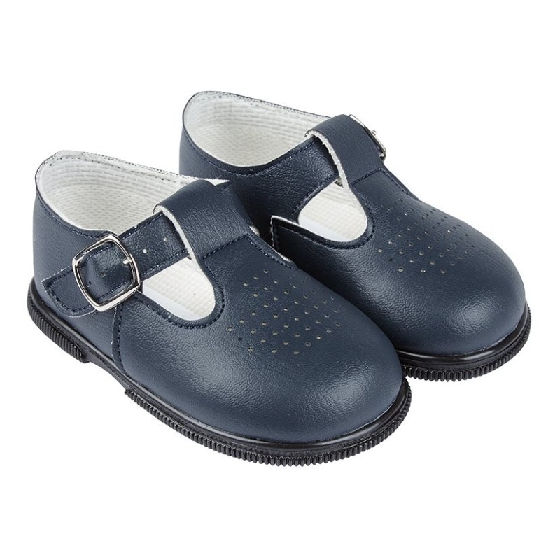 Baby Boys Patent T-Bar & Punch Detail Hard Sole Shoes "H501 Navy"