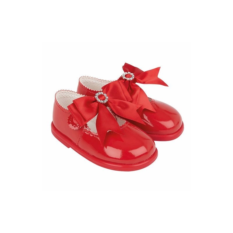 Baby Girls Patent Bow & Diamante Hard Sole Shoes "H035 Red"