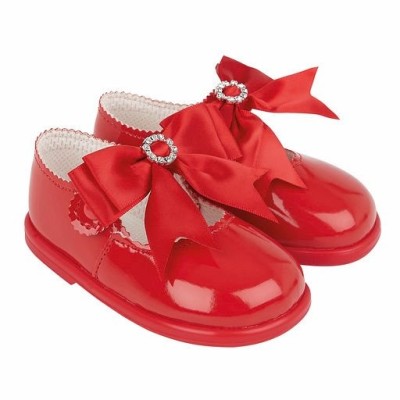 Baby Girls Patent Bow & Diamante Hard Sole Shoes "H035 Red"