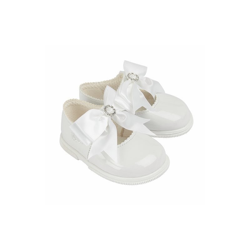 Baby Girls Patent Bow & Diamante Hard Sole Shoes "H035 White"