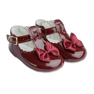 Baby Girls T-Bar & Bow Patent Pram Shoes "B861 Burgundy"