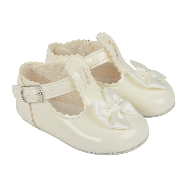 Baby Girls T-Bar & Bow Patent Pram Shoes "B861 Cream"