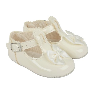 Baby Girls T-Bar & Bow Patent Pram Shoes "B861 Cream"