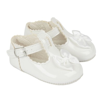Baby Girls T-Bar & Bow Patent Pram Shoes "B861 White"