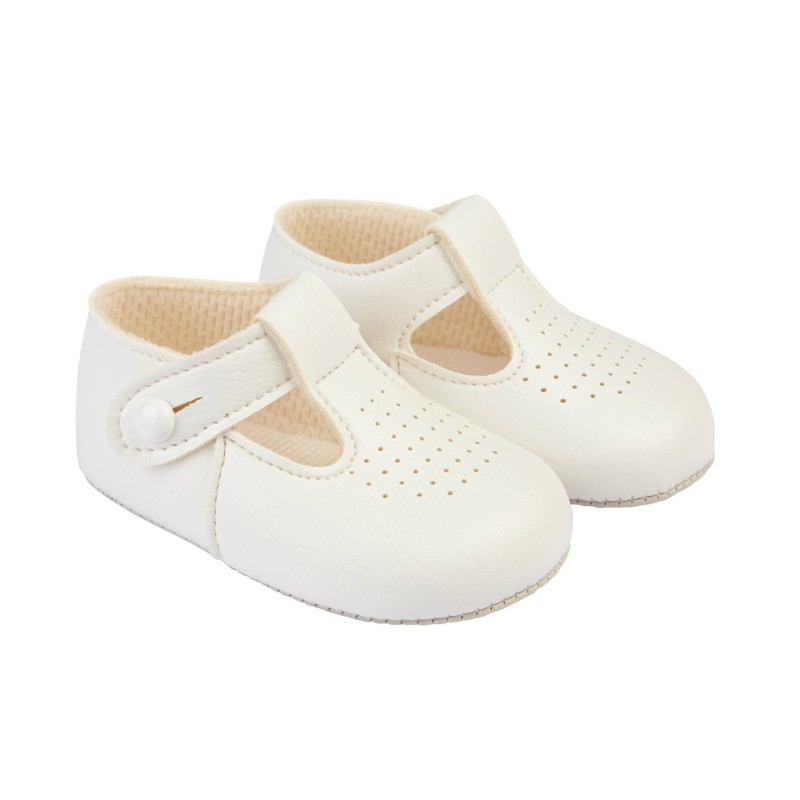 Baby Boys T-Bar & Punch Detail Patent Pram Shoes "B625 White"