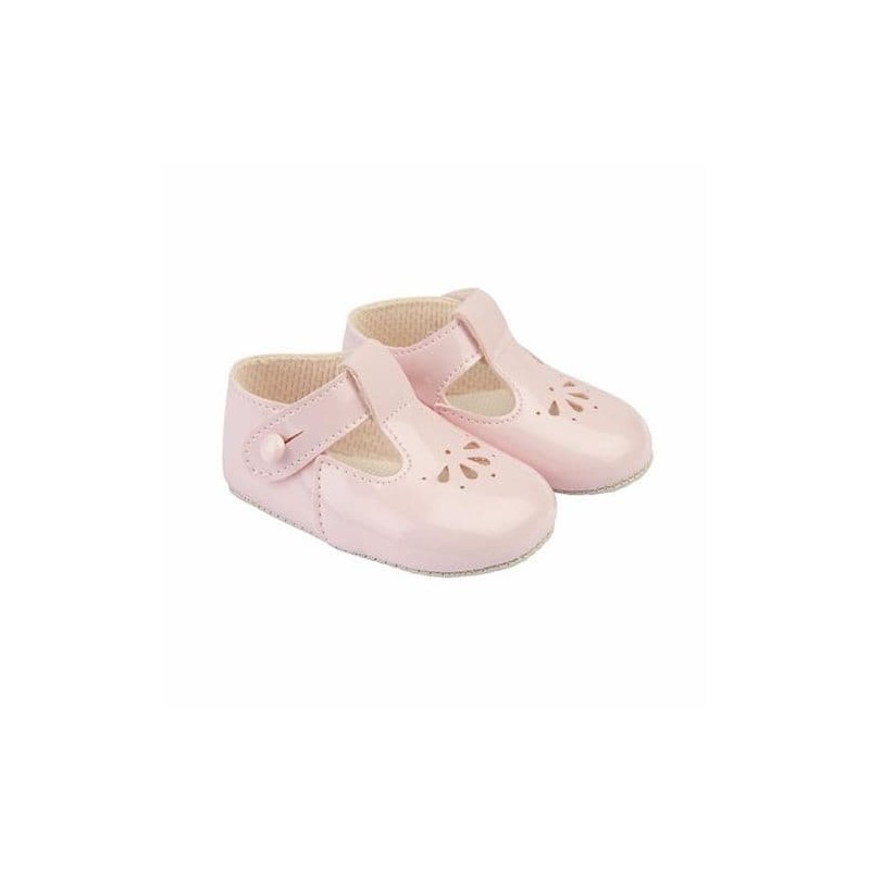Baby's T-Bar Patent Pram Shoes with Holes "B617 Pink"