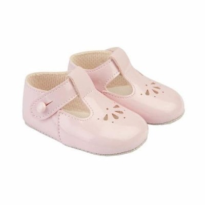 Baby's T-Bar Patent Pram Shoes with Holes "B617 Pink"