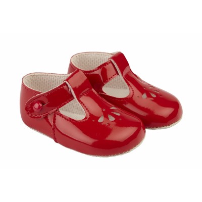 Baby's T-Bar Patent Pram Shoes with Holes "B617 Red"