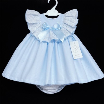 Baby Girl Blue Waffle Puff Dress Floral Collar "MYD312"