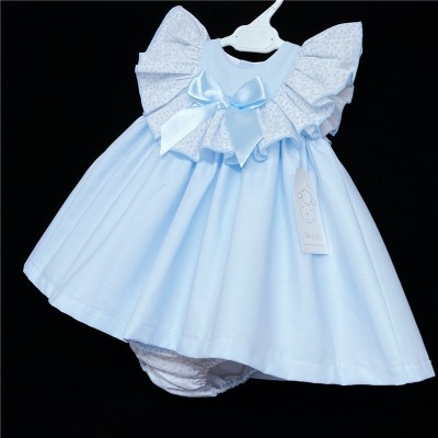 Baby Girl Blue Waffle Puff Dress Floral Collar "MYD312"
