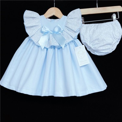 Baby Girl Blue Waffle Puff Dress Floral Collar "MYD312"