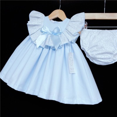 Baby Girl Blue Waffle Puff Dress Floral Collar "MYD312"