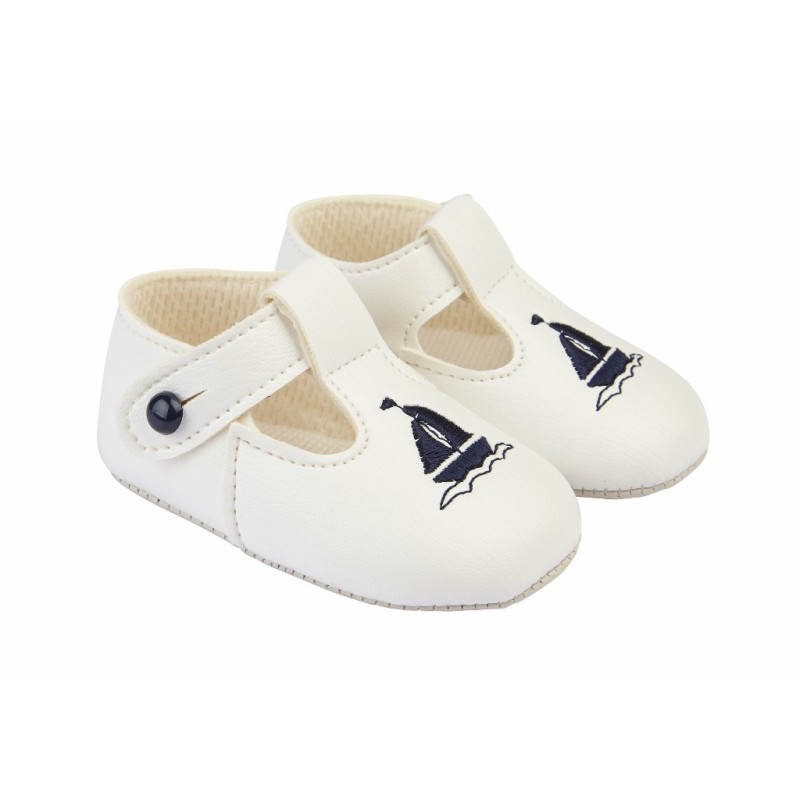 Baby Boys Embroidered Sail Boat Patent Pram Shoes "B119 White / Navy"