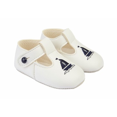 Baby Boys Embroidered Sail Boat Patent Pram Shoes "B119 White / Navy"