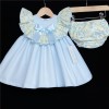 Baby Girl Blue Waffle Puff Dress Floral Collar "MYD320"