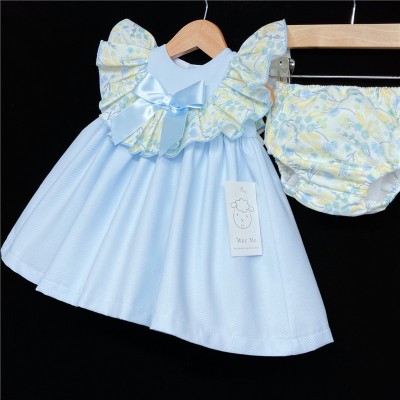 Baby Girl Blue Waffle Puff Dress Floral Collar "MYD320"